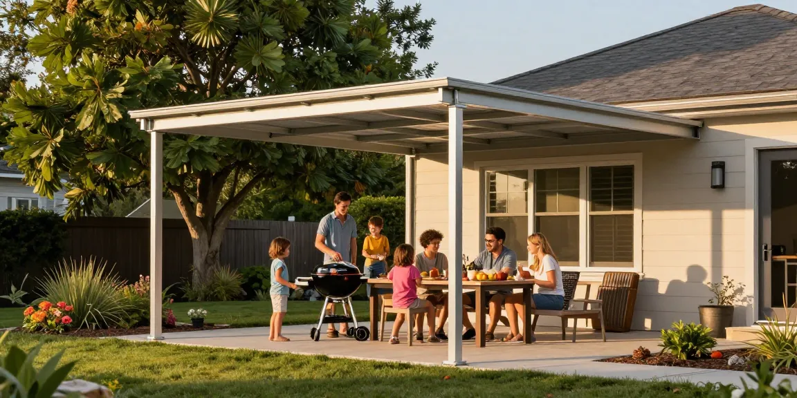 Carport für Familienfeier im Freien, stilvolles Design mit Aluminiumrahmen.