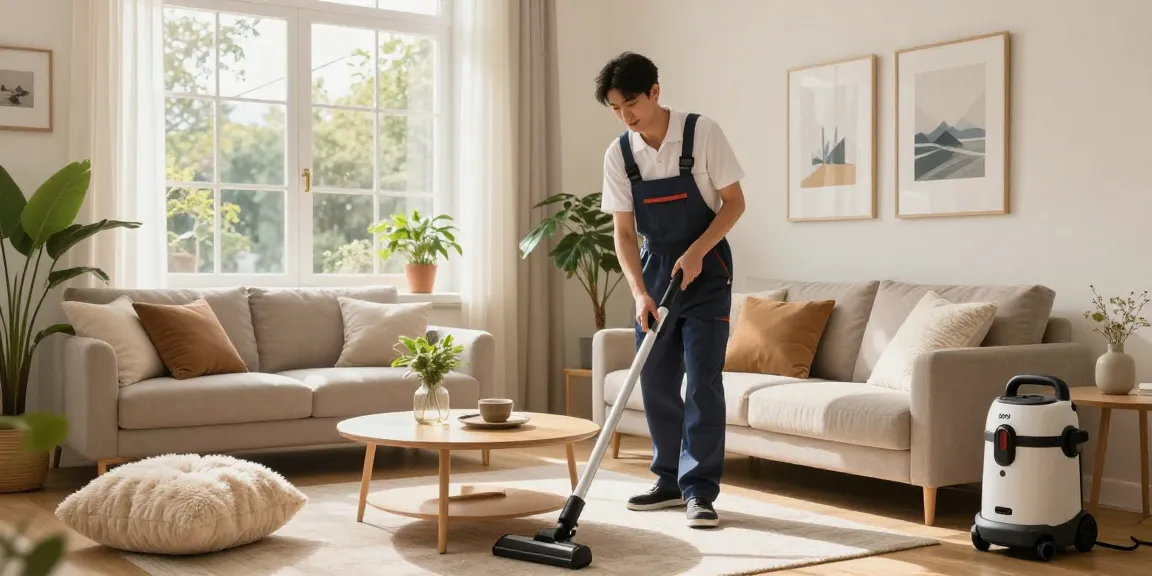 Professional cleaner performing wohnungsreinigung bern in a bright and fresh living room with modern decor.