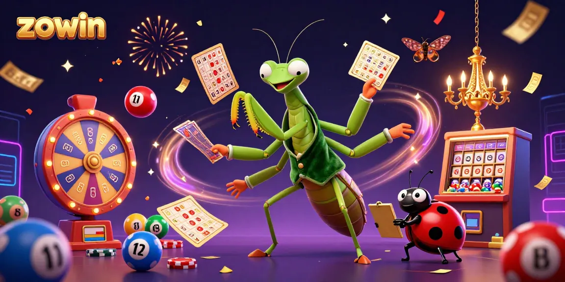 Zowin's immersive gaming scene featuring a giant mantis dealing cards and a ladybug pit boss amidst a carnival of lottery elements.