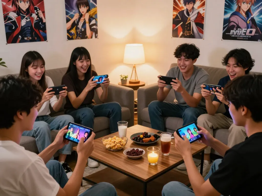 Young adults enjoying free mobile porn games together in a cozy living room setting surrounded by gaming decor.