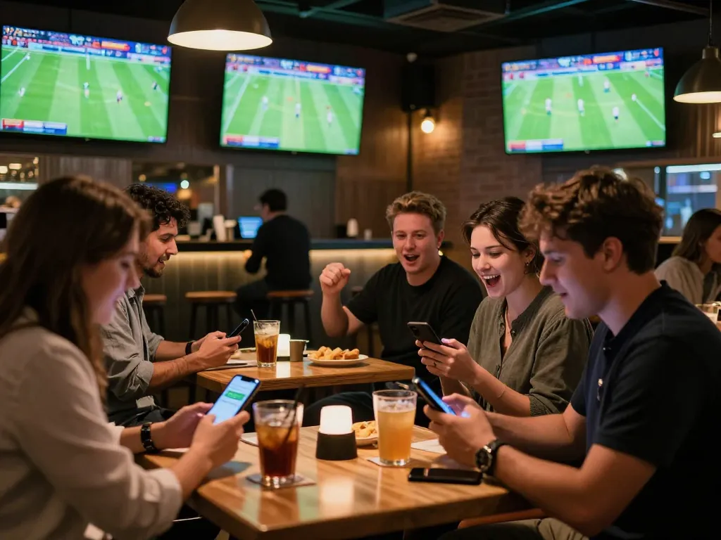 Sports enthusiasts using betting apps while watching live football matches, engaging in soi keo nha cai.