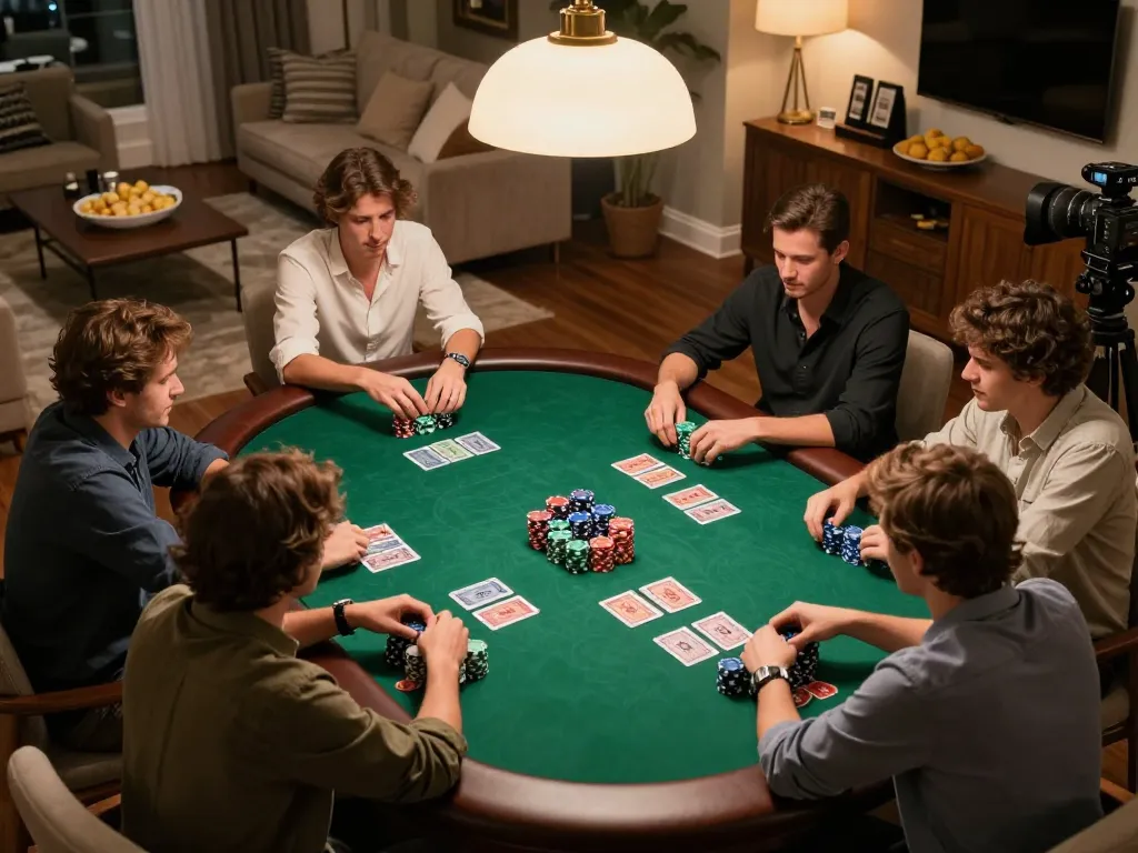 Engaged players strategizing at a poker table in a social home setting, showcasing 33 win potential and dynamic gameplay.