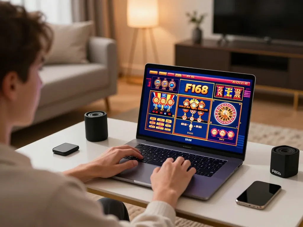 Engaged player enjoying f168 online casino games on laptop in a cozy home setting.