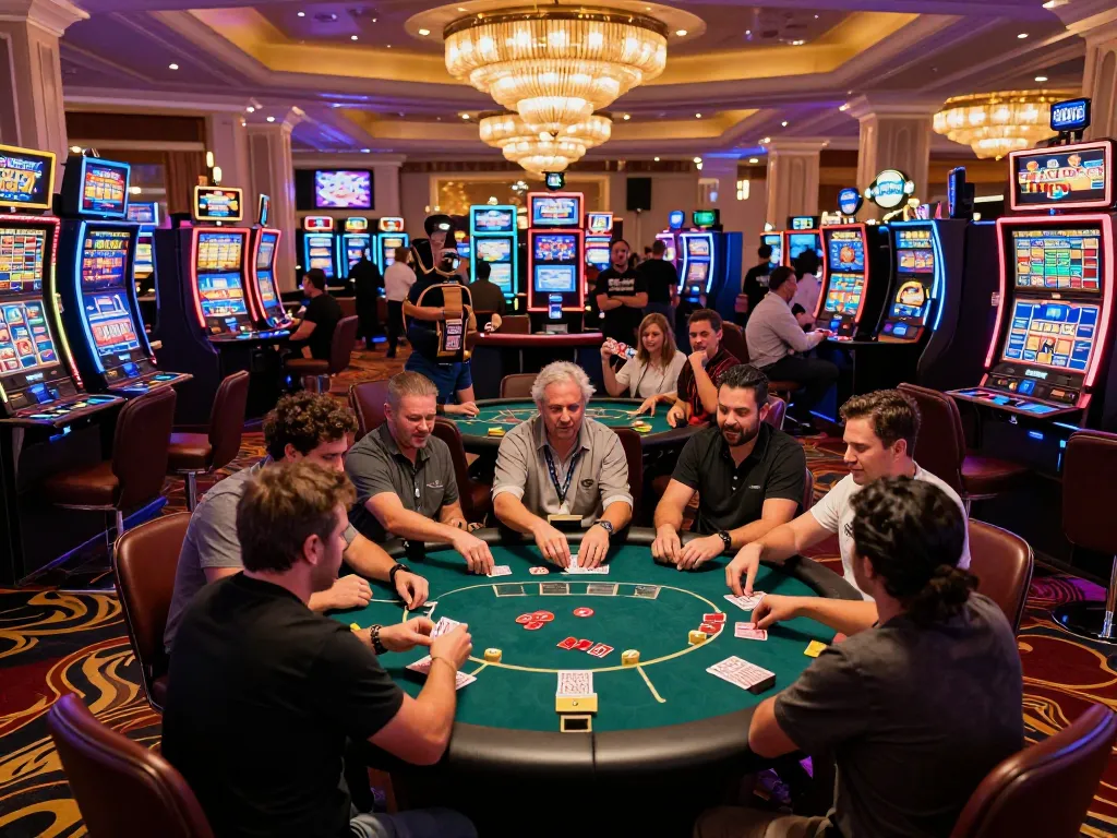 Players enjoying a lively poker game at a vibrant Vegas casino featuring sc88 tables and bright lights.