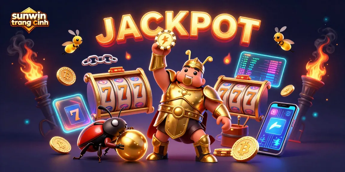Experience the thrill of sunwin trang chính with a vibrant casino scene featuring a victorious beetle character.